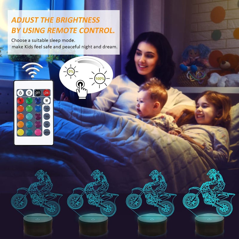 FULLOSUN Dirt Bike Gifts, Motocross 3D Night Light for Kids for Xmas Holiday Birthday Gifts for Kids Motorcycle Fan with Remote Control 16 Colors Changing + 4 Changing Mode + Dim Function - Image 2